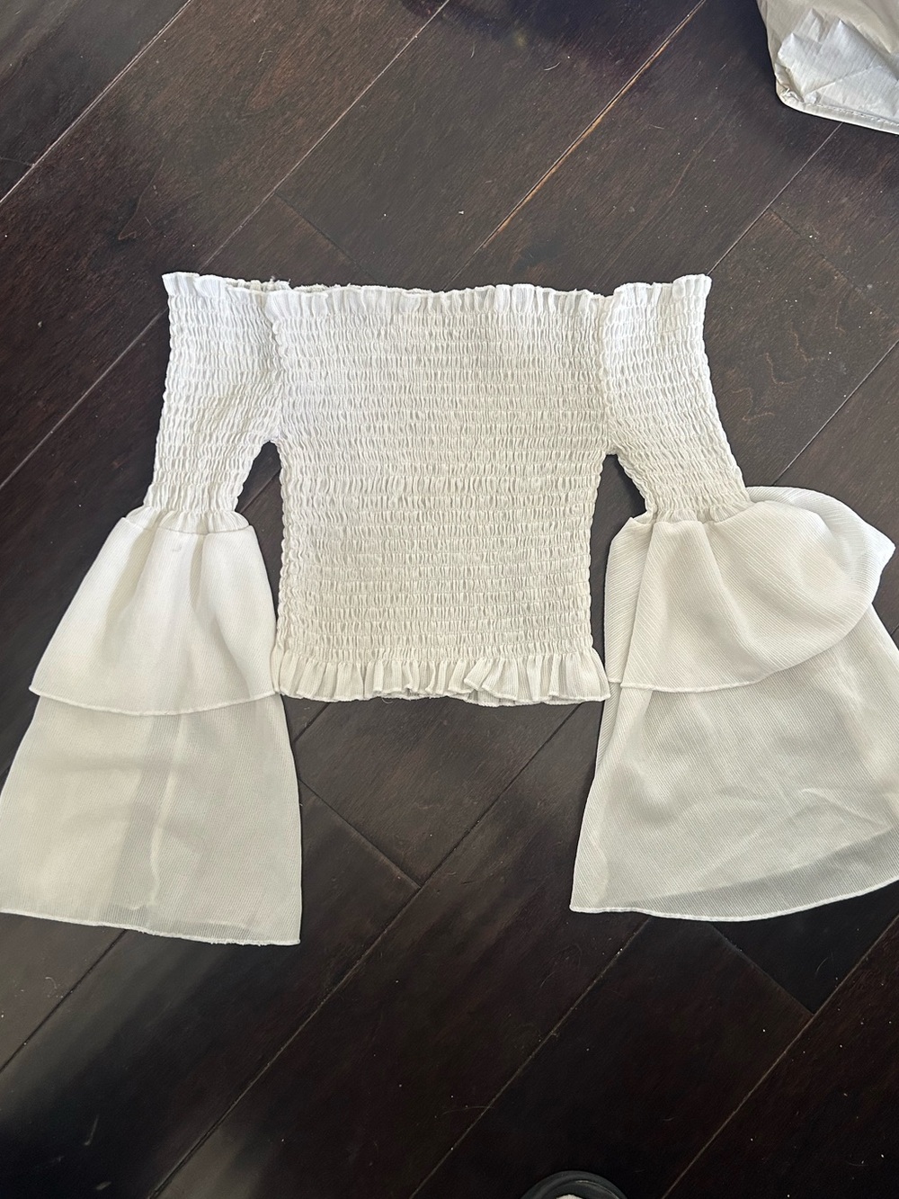 Steph Audino boutique XS White Off-Shoulder Smocked Crop Top Tiered Bell Sleeves - Picture 2 of 4